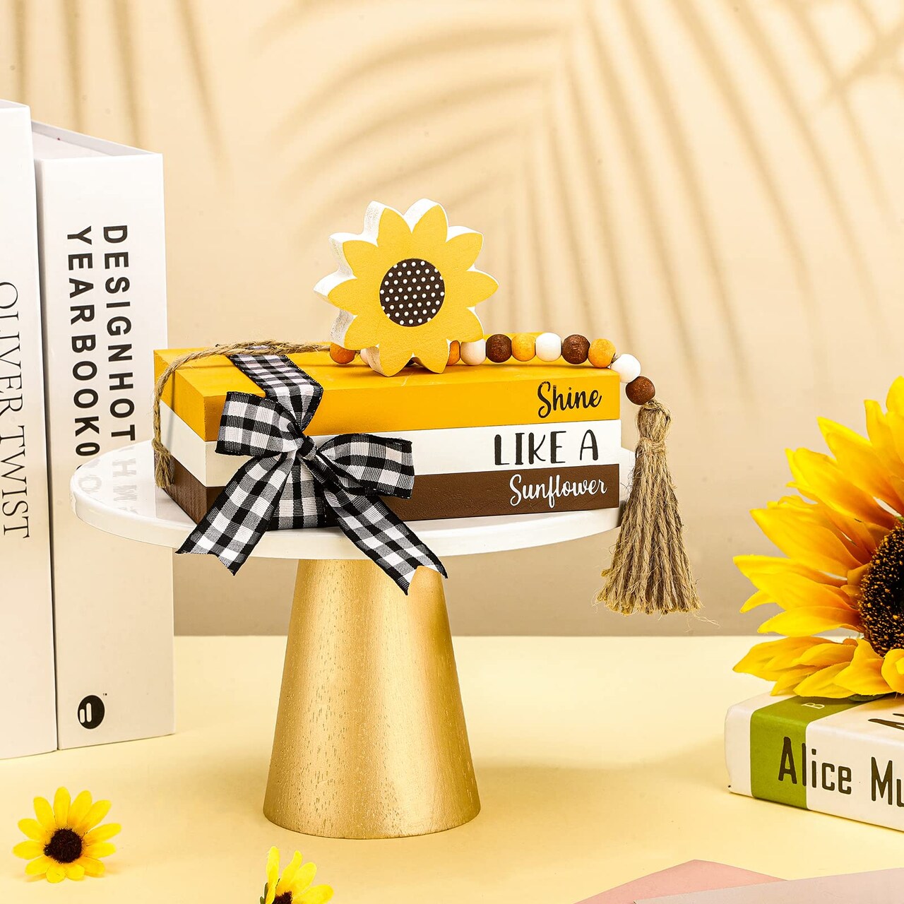 Decorative Fake Book Decor Rustic Wooden Fake Old Books Home Mantle Decor for Spring Summer Fall Table Shelf Mantle Decorations(Sunflower)